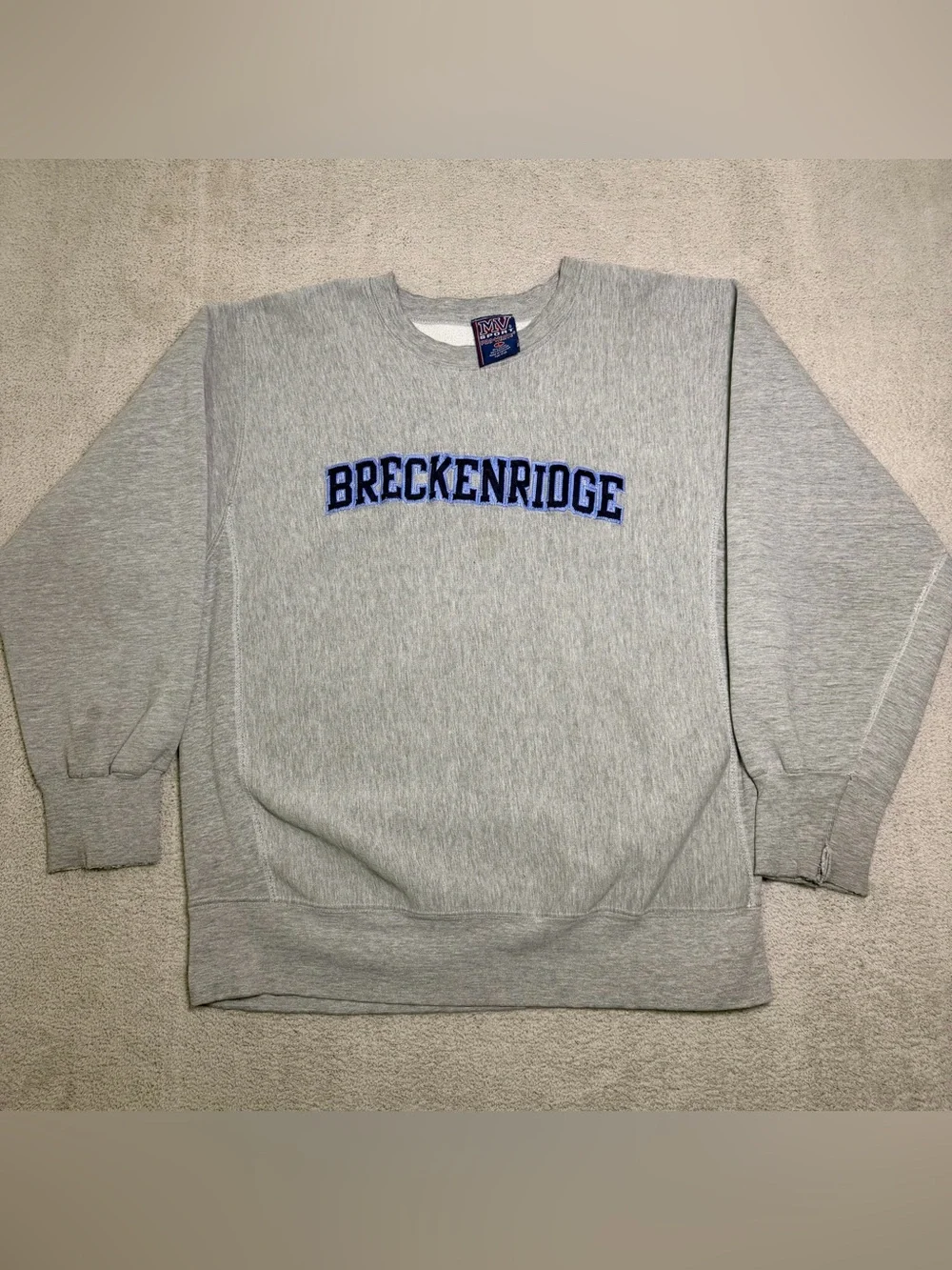 MV Sport Gray Crewneck Sweatshirt with Navy 'BRECKENRIDGE' Embroidery